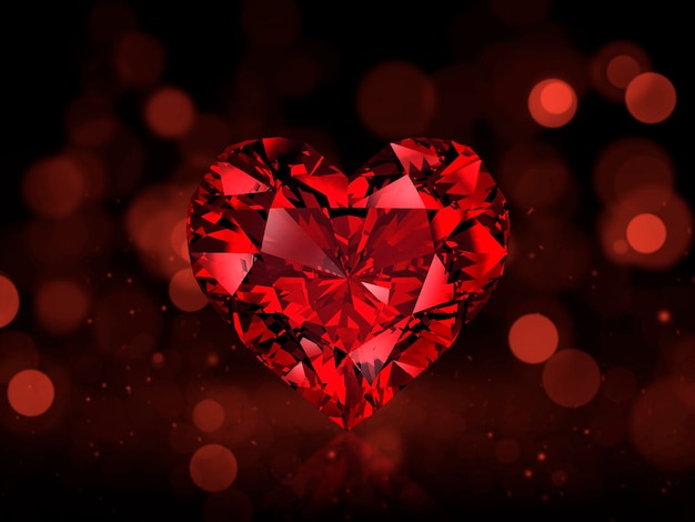 Czerwony diament w kształcie serca na czerwonym tle streszczenie bokeh renderowania 3d