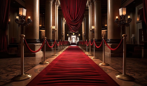 czerwony dywan na ceremonię wręczenia nagród z linami w holu w stylu fotorealistycznych miejskich scen