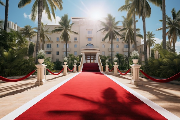 Czerwony dywan na czerwonym dywanie przed luksusowym hotelem Ai Generated