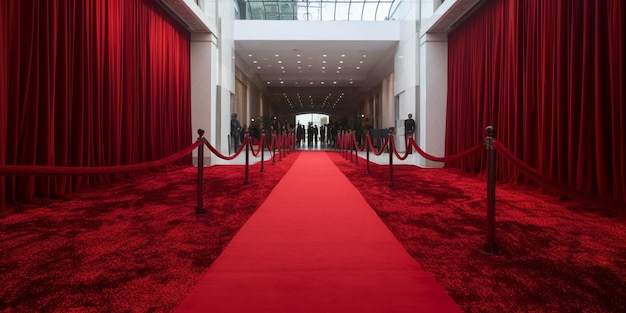Czerwony dywan na podłodze budynku z czerwonym dywanem i zasłoną w tle.