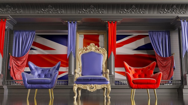 Czerwony dywan z barierami prowadzącymi do tronu królowej Wielkiej Brytanii z flagą Wielkiej Brytanii w tle Renderowanie 3D