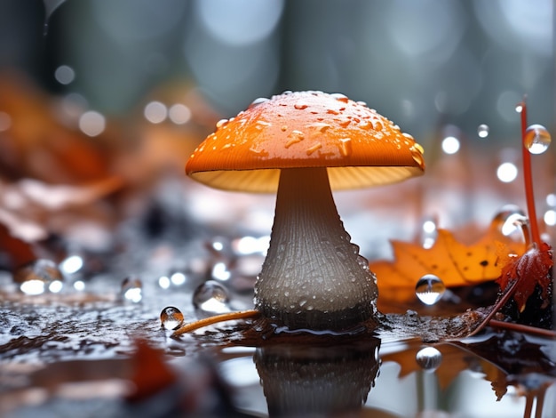 Czerwony grzyb z kropelkami deszczu w jesiennym lesie