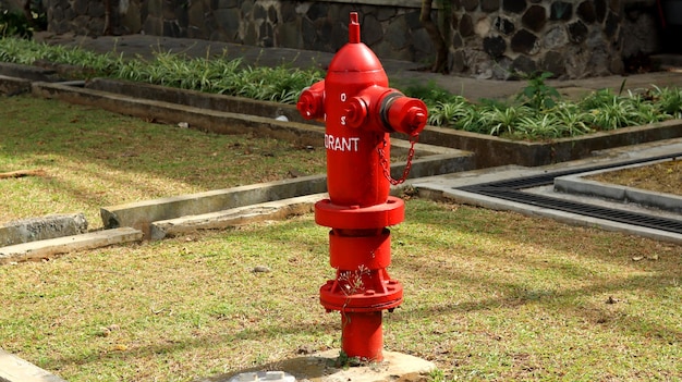 Czerwony hydrant w parku na terenie edukacyjnym Hydrant do dostępu w nagłych wypadkach przeciwpożarowych