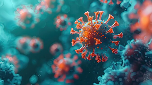 Zdjęcie czerwony i niebieski koronawirus otoczony czerwonymi fluorescencyjnymi kropkami w stylu ciemnego azurowego i złotego