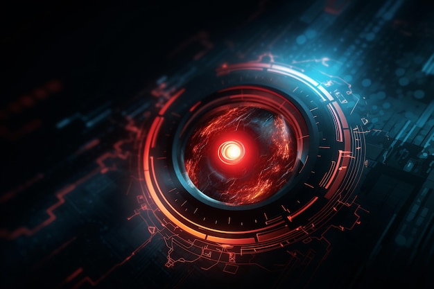 Czerwony i niebieski okrągły obiekt wyróżnia się na ciemnym tle technologii Koncepcja oczu robota
