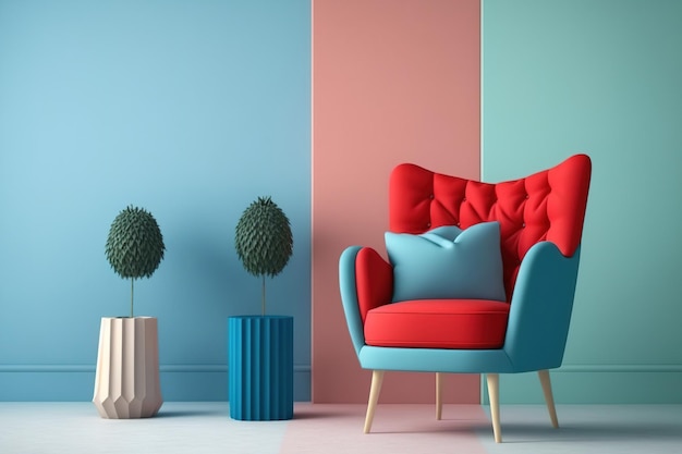 Czerwony i niebieski salon w pastelowych kolorach, prosty design
