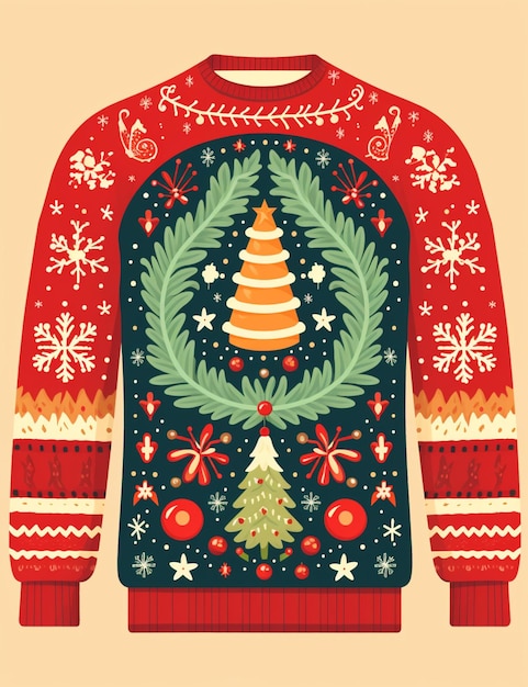 Zdjęcie czerwony i zielony świąteczny sweter z drzewem i ozdobami generatywnymi