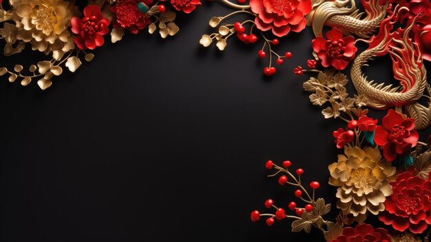Zdjęcie czerwony i złoty chiński nowy rok smok kwiatowa azjatycka ramka kopia tło kosmiczne