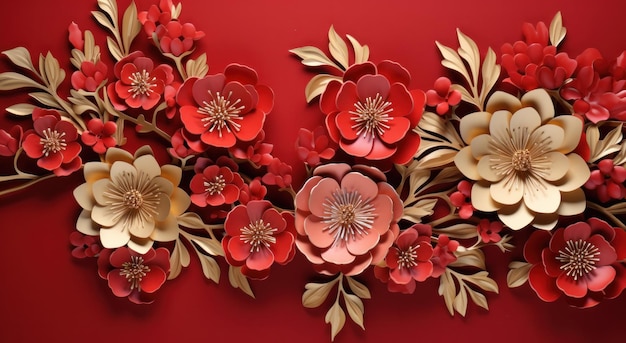 czerwony i złoty chiński papier kwiatowy tło tło wzór