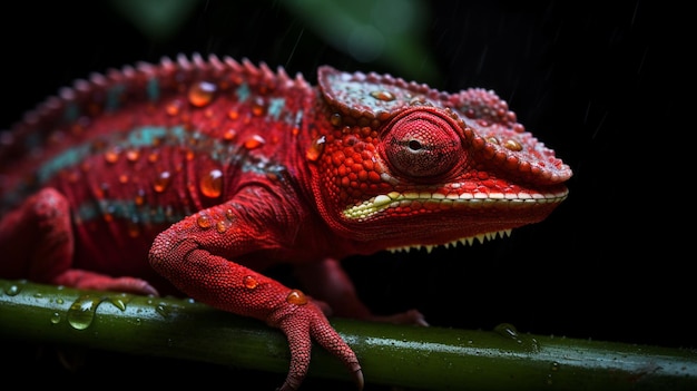 Czerwony kameleon z kroplą deszczu na głowie