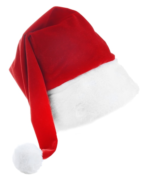 Czerwony kapelusz Świętego Mikołaja na białym tle, z bliska