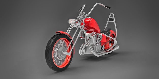 Czerwony klasyczny motocykl niestandardowy na białym tle na szarym tle. renderowania 3D.