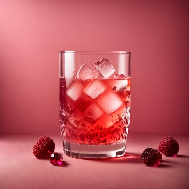Czerwony koktajl z lodem w szkle na różowym tle