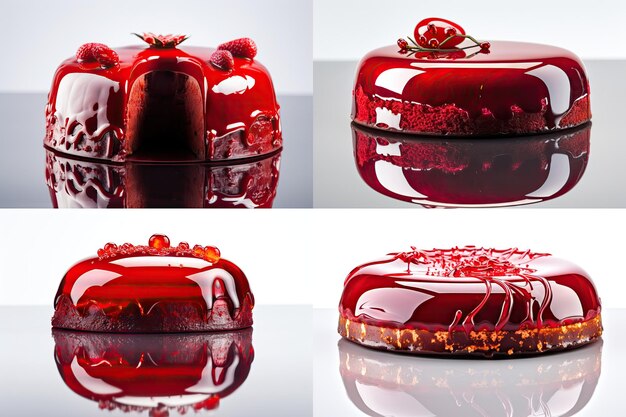 Czerwony kolaż ciasta Kolor okrągły szklany deser Pyszne lśniące ciasta owocowe na białym tle Abstrakt Generatywna ilustracja AI