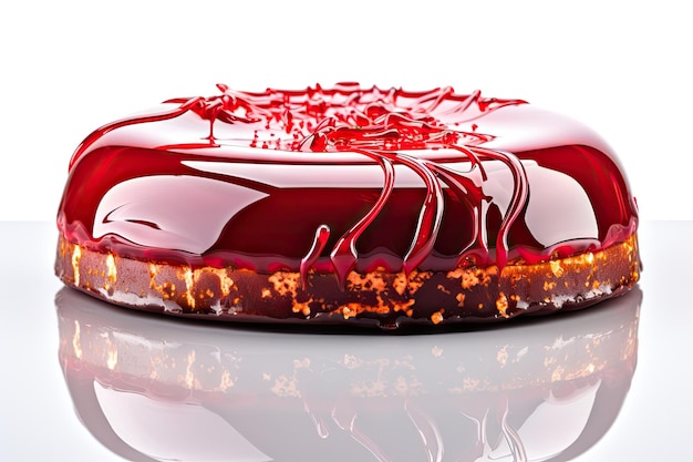 Czerwony kolor ciasta Okrągły szklany deser Pyszne lśniące ciasta owocowe na białym tle Abstrakt Generatywna ilustracja AI