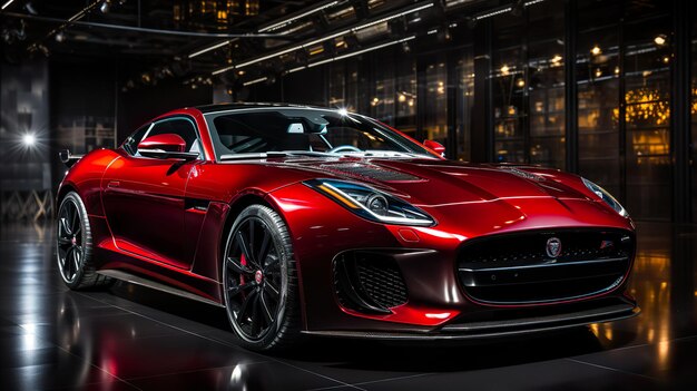 Czerwony kolor super błyszczący futurystyczny super samochód w światłach miasta i tle światła punktowego