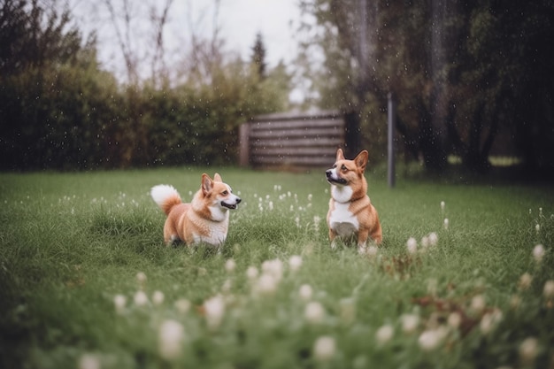 Czerwony kot i corgi wędrują razem na słonecznej łące, podczas gdy spadają ciepłe krople deszczu