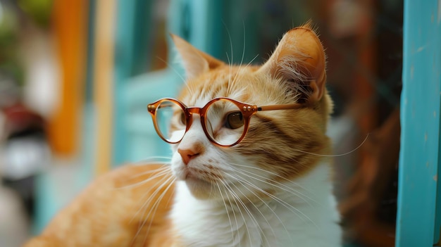 Zdjęcie czerwony kot noszący okulary z rogami siedzi na niebieskim drewnianym ogrodzeniu kot patrzy na bok, a jego oczy są lekko zwężone