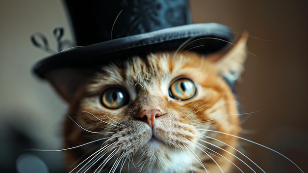 Czerwony kot w czarnym kapeluszu patrzy na kamerę z szeroko otwartymi oczami Kot siedzi na brązowej powierzchni