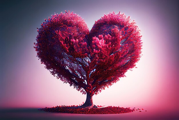 Czerwony krajobraz drzewa w kształcie serca z tłem nieba Dzień Walentynek i koncepcja romansu Ilustracja sztuki cyfrowej Generatywna sztuczna inteligencja