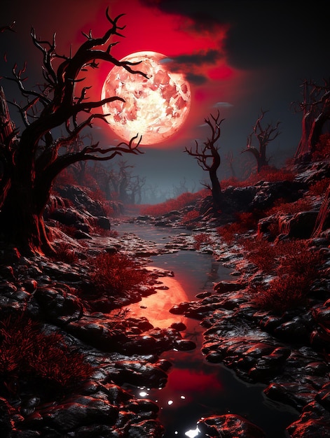 Czerwony księżyc świeci przez ciemny las.