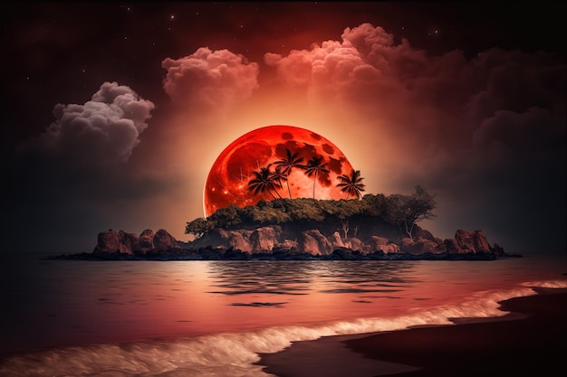 Czerwony księżyc wznoszący się nad tropikalną wyspą