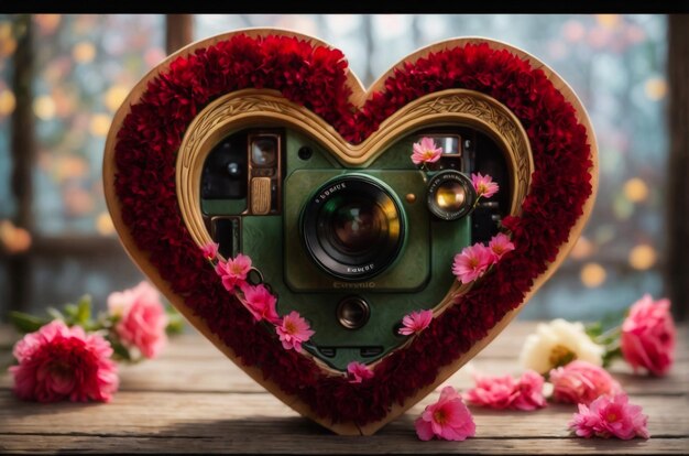 Zdjęcie czerwony kształt serca i czerwona róża na drewnianym tle w stylu vintage miłość i walentynka koncepcja.