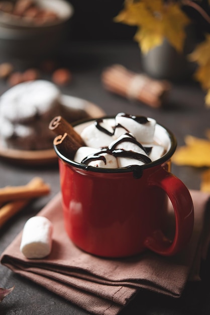 Czerwony kubek gorącej czekolady z pianką marshmallow i cynamonem na ciemnobrązowym stole z liśćmi klonu i ciasteczkami Jesienna koncepcja rozgrzewającego obrazu xAdrink Tint