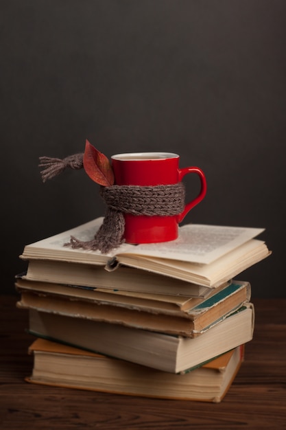Czerwony kubek z herbacianym jesiennym urlopem i dzianinowym szalikiem leży na stosie książek