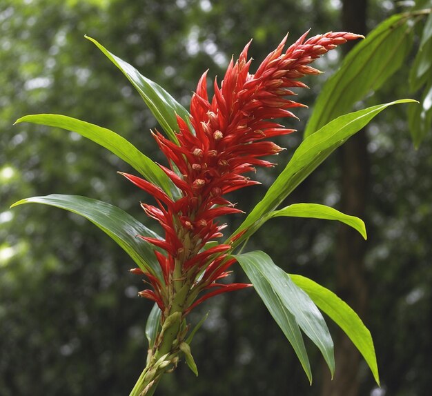 Czerwony kwiat bromelii na drzewie w ogrodzie w Tajlandii