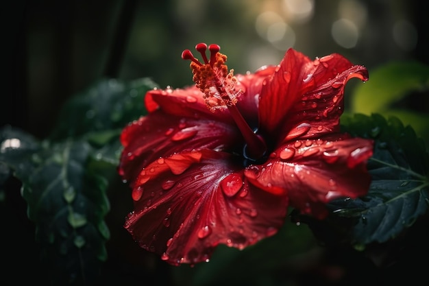 Czerwony kwiat hibiskusa z kroplami wody na nim