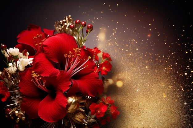 Czerwony kwiat kwitnie w złotym błyszczącym ramie kwiatowym