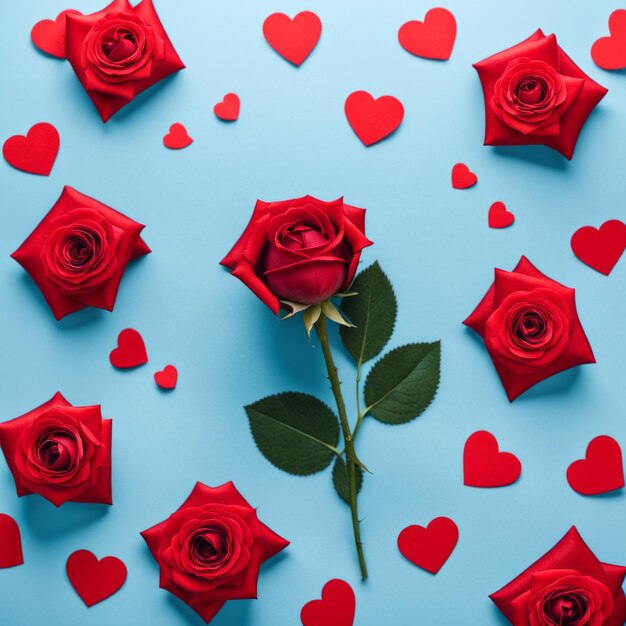 Czerwony kwiat róży na niebieskim tle Karta z okazji Dnia Walentynek