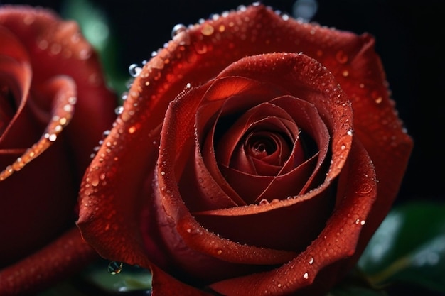Czerwony kwiat róży ozdobiony błyszczącymi kropelami rosy w makrofotografii na czarnej powierzchni