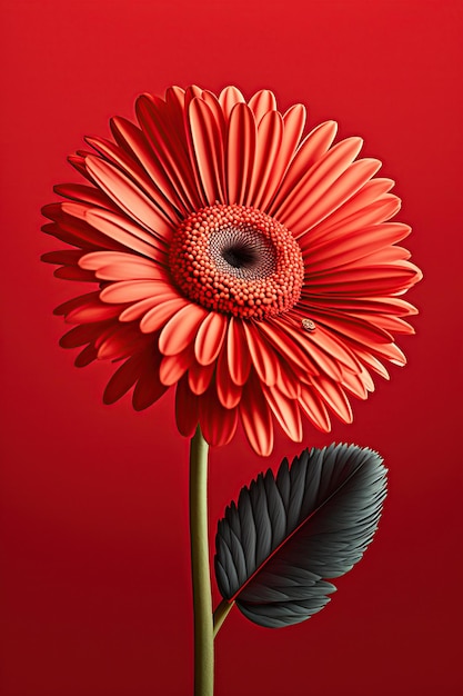 Czerwony kwiat z czarną łodygą i liściem z napisem gerbera.