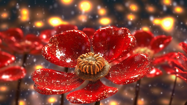Czerwony kwiat z zaśnieżonym tłem