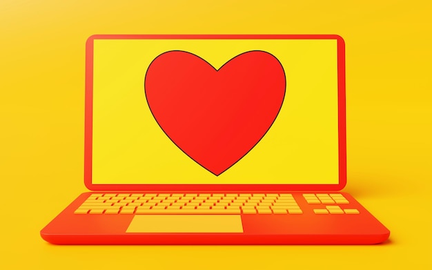Zdjęcie czerwony laptop z żółtymi klawiszami i czerwonym sercem na ekranie z żółtym tłem