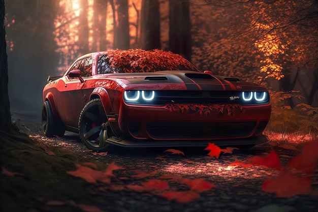 Czerwony laser Dodge Challenger Wyścigi przez jesień czerwony samochód w czerwonym lesie AI generowana ilustracja