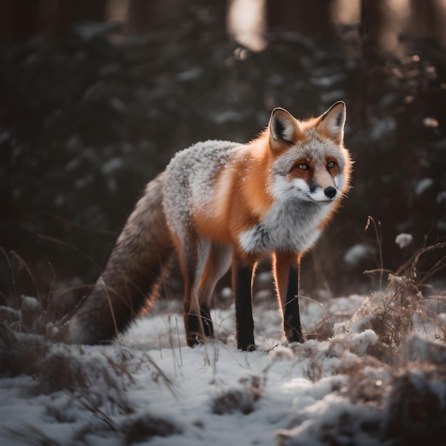 Czerwony lis stoi na śniegu ze śniegiem na ziemi.