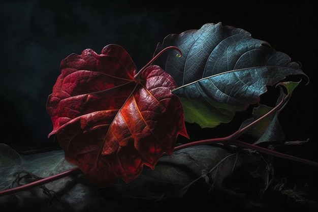 Czerwony liść na czarnym tle renderowania 3D ilustracja botaniczna
