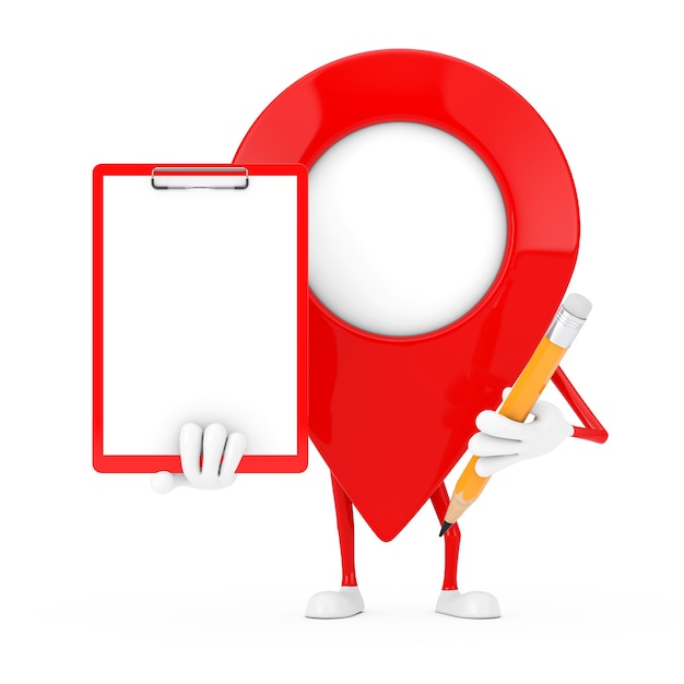 Zdjęcie czerwony mapa pointer target pin charakter maskotka z czerwonym plastikowym schowkiem, papierem i ołówkiem na białym tle. renderowanie 3d