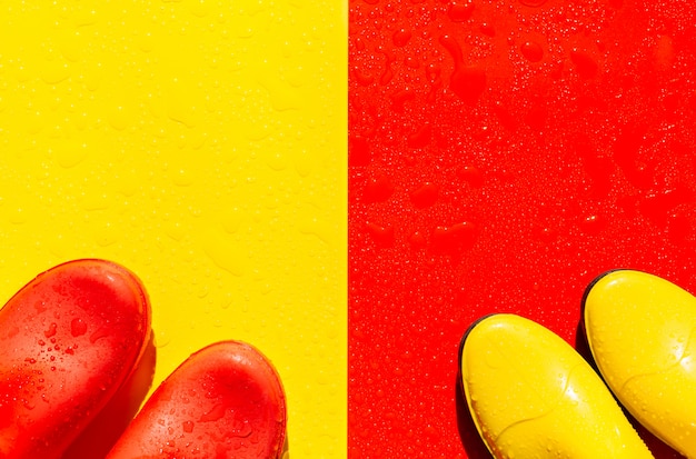 Czerwony mokry z żółtymi gumowymi butami i żółty z czerwonymi butami na nim.