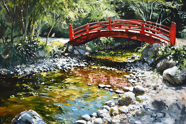Czerwony most nad strumieniem w ogrodzie Zen