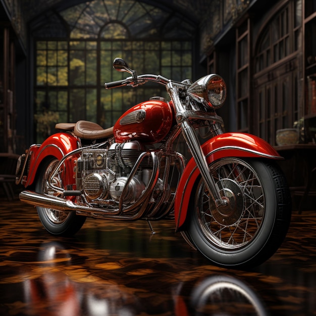 czerwony motocykl w stylu realistycznych detali z wizualizacją retro w kolorze ciemnego bursztynu i srebra