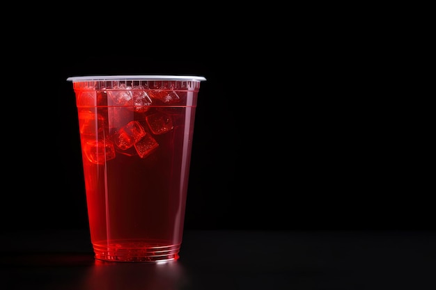 Czerwony napój w plastikowym kubku odizolowanym na czarnym tle Koncepcja napojów na wynos z miejsca na kopię