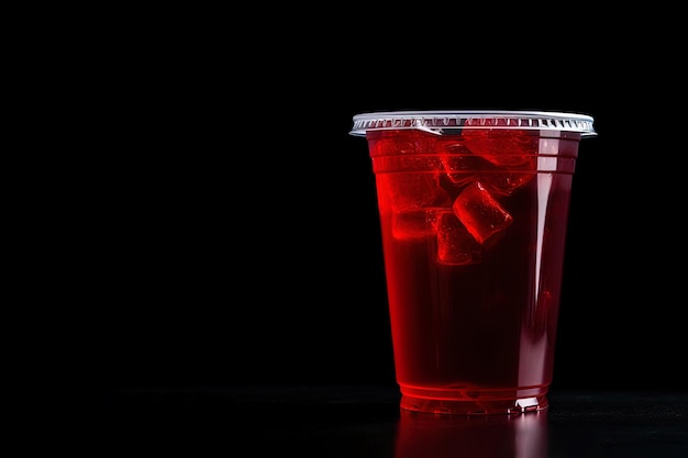 Czerwony napój w plastikowym kubku odizolowanym na czarnym tle Koncepcja napojów na wynos z miejsca na kopię