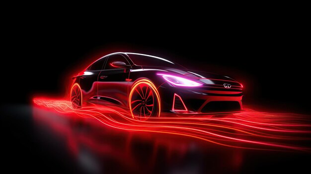 Zdjęcie czerwony neon świecący w ciemności samochód elektryczny na wysokiej prędkości działającej koncepcji