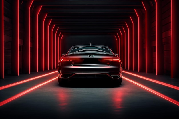 Czerwony neonowy samochód transportowy, luksusowy samochód ciemny, nowoczesny, generatywny AI.