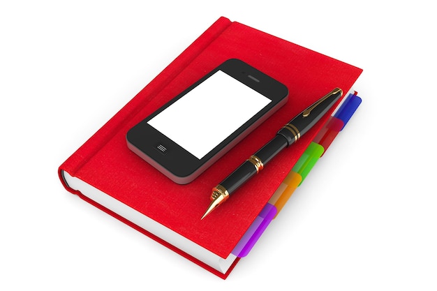 Czerwony notes z organizerem z telefonem komórkowym i długopisem na białym tle