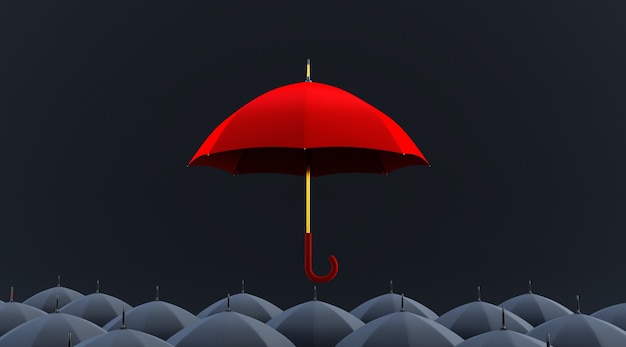Czerwony parasol wyróżnia się z tłumu wielu czarnych parasoli. renderowania 3D